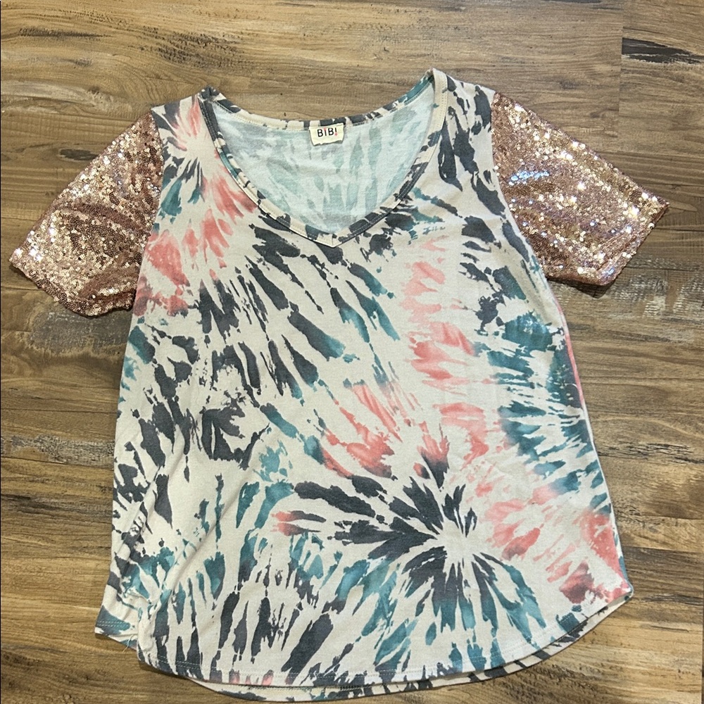 BiBi Tie-Dye Top with Sequin Sleeves - Pink, Blue, and Black